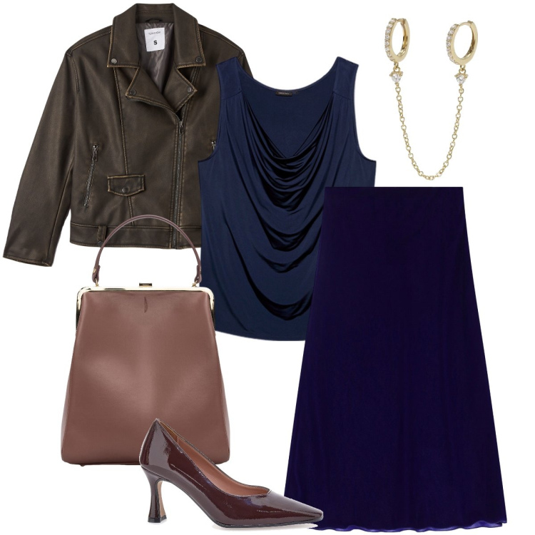 Outfit donna - Blu e marrone. Stile Sexy per Serata fuori. Abbinamento con giacche, orecchini, gonne, borse a spalla, décolleté, top.
