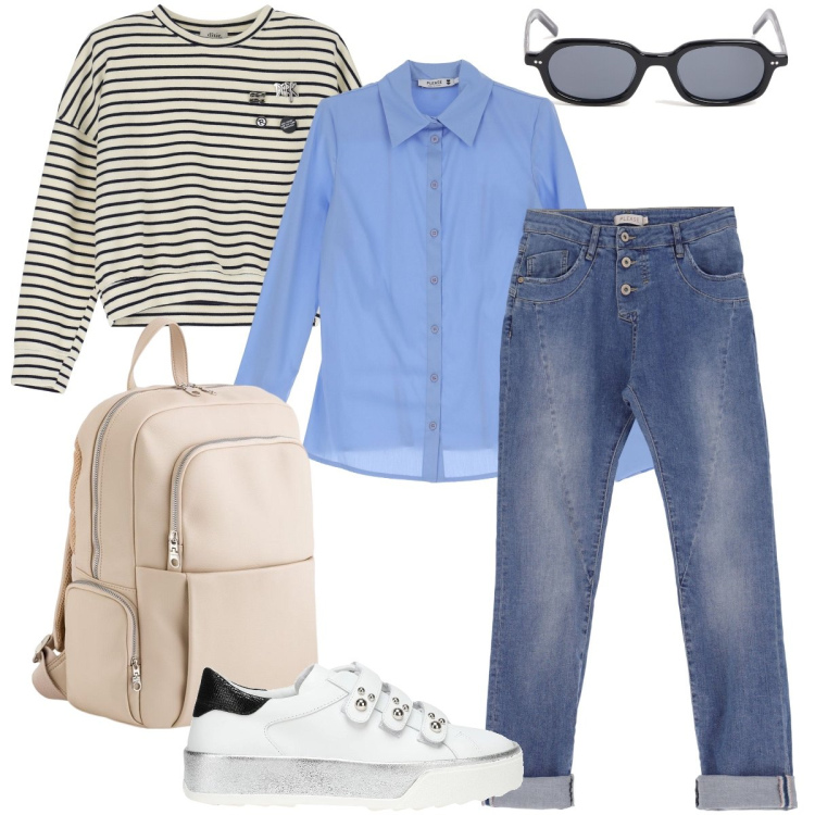 Outfit donna - Domani compito in classe. Stile Urban per Scuola/Università. Abbinamento con sneakers, jeans slim fit, camicie, felpe, zaini, occhiali da sole.