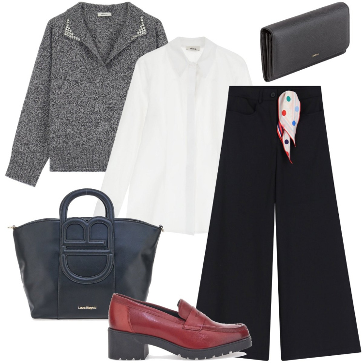 Outfit donna - Un piccolo foulard. Stile Trendy per Ufficio. Abbinamento con maglieria, camicie, pantaloni a palazzo, mocassini, borse a tracolla, portafogli.