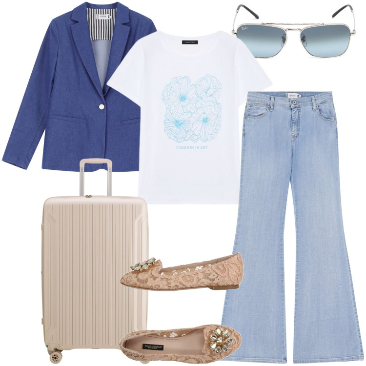 Outfit donna - In partenza. Stile Trendy per Tutti i giorni. Abbinamento con mocassini, jeans a zampa, blazer, t-shirt, occhiali da sole, valigie.