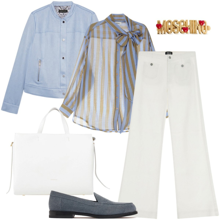 Outfit donna - La camicia a righe. Stile Urban per Ufficio. Abbinamento con borse a mano, pantaloni a palazzo, camicie, blazer, accessori per capelli, mocassini.