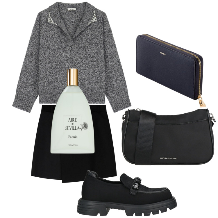 Outfit donna - Siviglia. Stile Trendy per Tutti i giorni. Abbinamento con mocassini, borse a tracolla, profumi, minigonne, maglieria, portafogli.