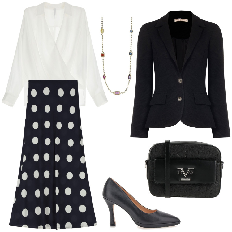 Outfit donna - Una gonna a pois. Stile Casual chic per Serata fuori. Abbinamento con borse a tracolla, collane, blazer, bluse, gonne lunghe, décolleté.