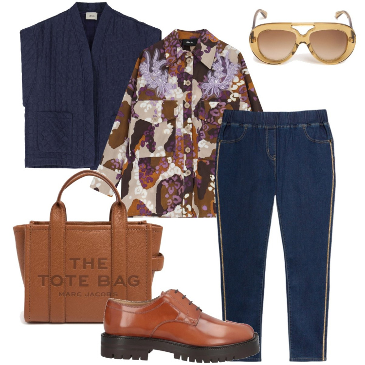 Outfit donna - Il gilet trapuntato. Stile Casual chic per Ufficio. Abbinamento con scarpe stringate, camicie, blazer, jeggings, occhiali da sole, shopping bag.