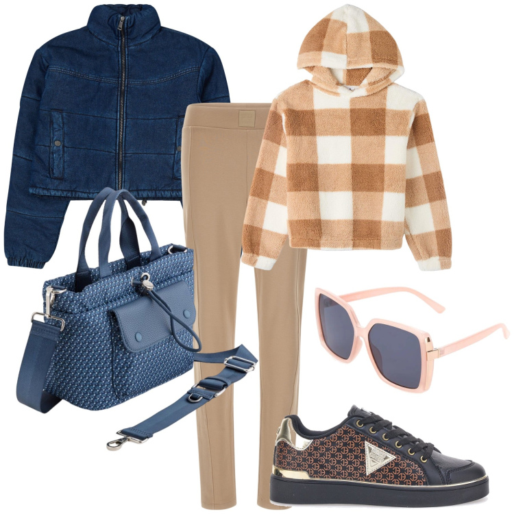 Outfit donna - Domenica mattina di marzo. Stile Casual chic per Tutti i giorni. Abbinamento con blazer, felpe con cappuccio, pantaloni, borse a mano, sneakers, occhiali da sole.