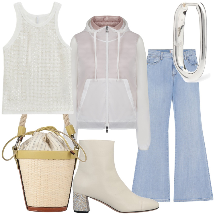 Outfit donna - Mitici settanta. Stile Vintage retrò per Tutti i giorni. Abbinamento con stivaletti, borse a secchiello, jeans a zampa, top, blazer, orecchini.