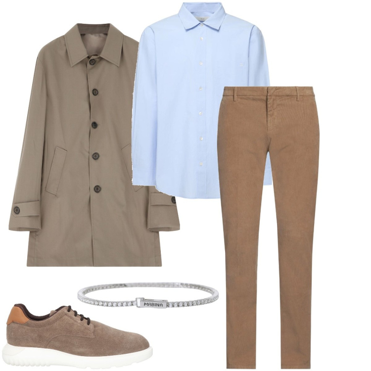 Outfit uomo - Con il trench. Stile Business/Elegante per Ufficio. Abbinamento con pantaloni, sneakers, braccialetti, trench, camicie.