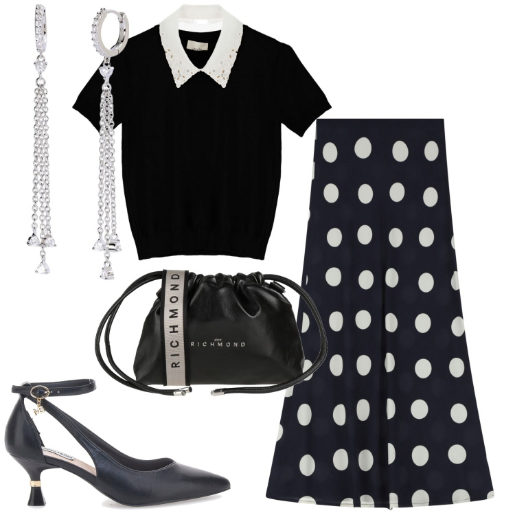 Outfit donna - City. Stile Urban per Tutti i giorni. Abbinamento con borse a tracolla, orecchini, gonne lunghe, maglieria, décolleté.