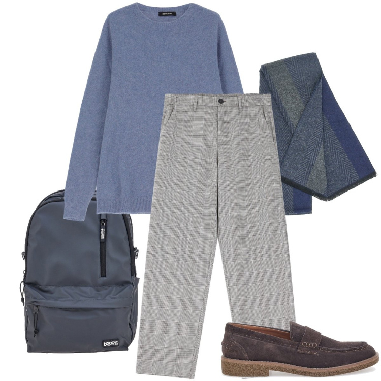 Outfit uomo - In ufficio. Stile Urban per Ufficio. Abbinamento con pantaloni, maglieria, sciarpe, borse sportive, scarpe stringate.