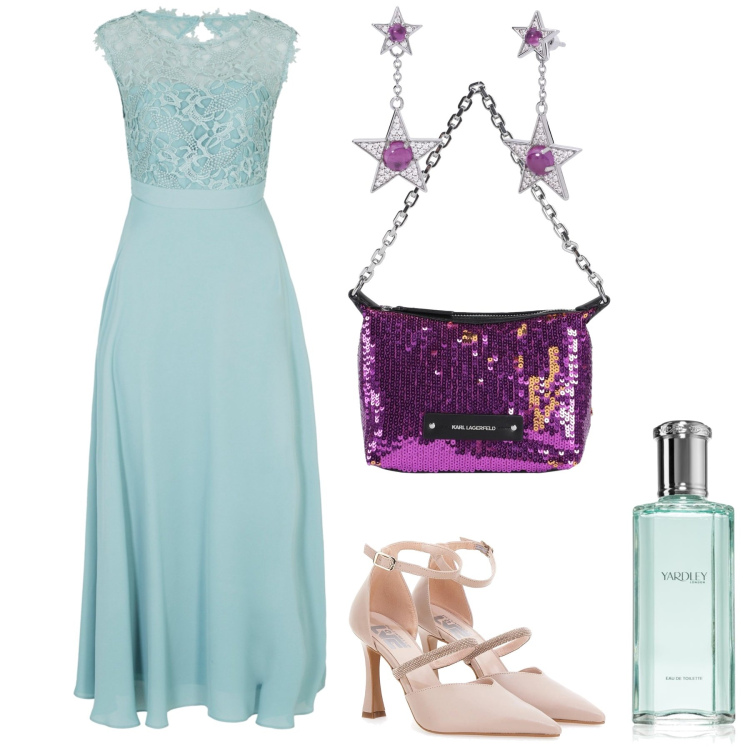 Outfit donna - Romantic. Stile Bon Ton per Cerimonia. Abbinamento con borse a mano, vestiti lunghi, profumi, orecchini, décolleté.
