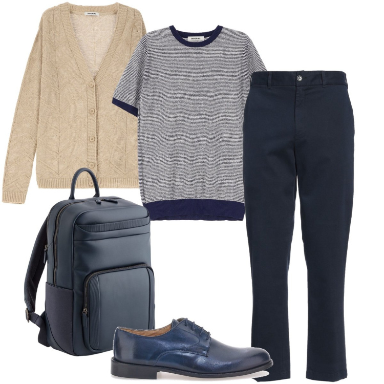 Outfit uomo - Trasferta di lavoro. Stile Business/Elegante per Ufficio. Abbinamento con pantaloni, cardigans, maglieria, scarpe stringate, borse sportive.