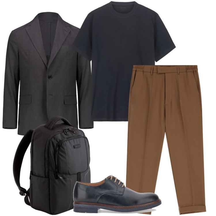 Outfit uomo - Giacca e t-shirt. Stile Business/Elegante per Ufficio. Abbinamento con pantaloni, scarpe stringate, giacche, t-shirt, borse sportive.