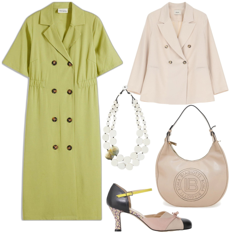 Outfit donna - Verde lime per la primavera. Stile Bon Ton per Serata fuori. Abbinamento con vestiti, ciondoli, blazer, décolleté, borse a spalla.