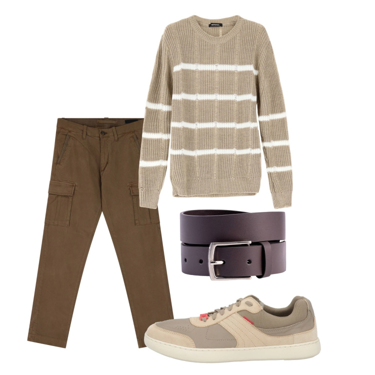 Outfit uomo - Righe. Stile Casual per Tutti i giorni. Abbinamento con sneakers, pantaloni cargo, maglieria, cinture.