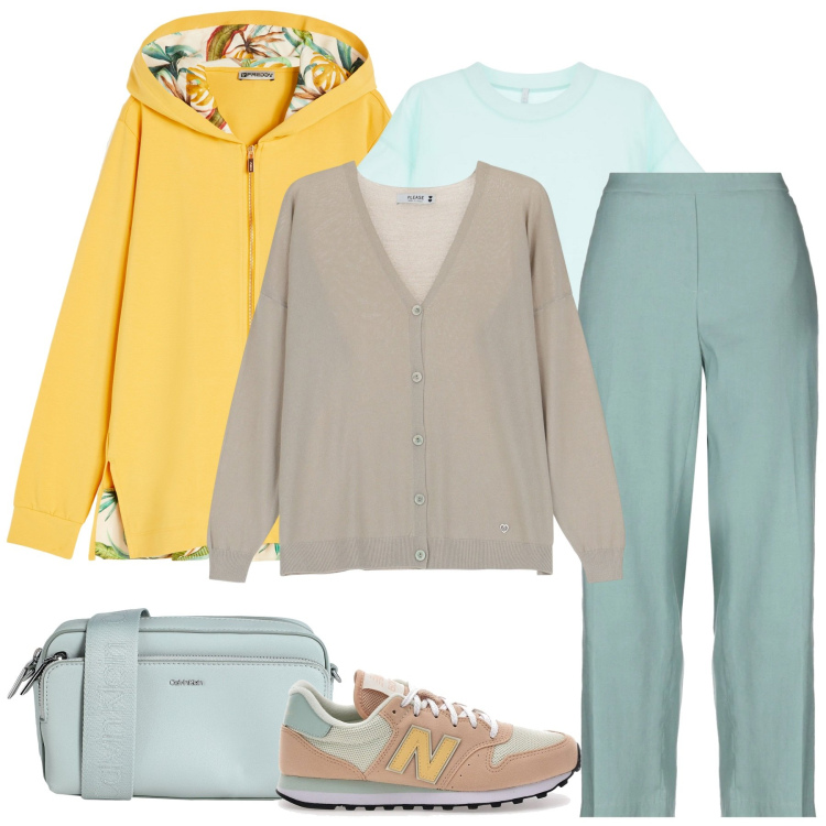 Outfit donna - Fuori Porta. Stile Casual per Tutti i giorni. Abbinamento con pantaloni, borse a tracolla, cardigans, t-shirt, felpe con cappuccio, sneakers.