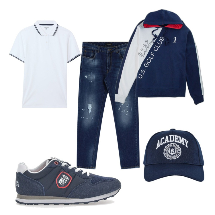 Outfit uomo - Total look #2084743. Stile Casual per Tutti i giorni. Abbinamento con cappelli con visiera, polo, jeans, felpe, sneakers.