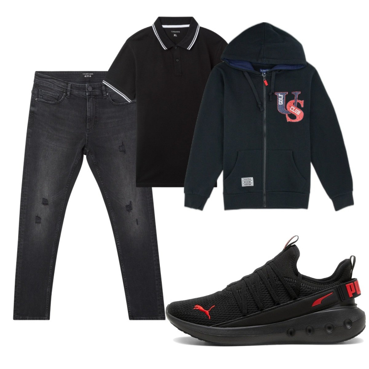 Outfit uomo - Total look #2084744. Stile Casual per Tutti i giorni. Abbinamento con polo, jeans strappati, sneakers, felpe con cappuccio.