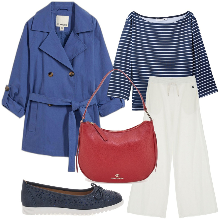 Outfit donna - Trench color mare. Stile Bon Ton per Tutti i giorni. Abbinamento con trench, t-shirt, pantaloni a palazzo, ballerine, borse a tracolla.