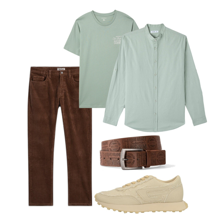 Outfit uomo - Acqua. Stile Casual per Tutti i giorni. Abbinamento con cinture, pantaloni, sneakers, camicie, t-shirt.