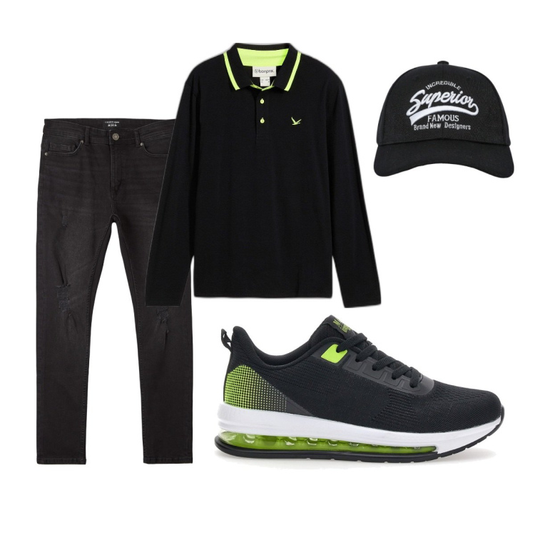 Outfit uomo - Total look #2084751. Stile Casual per Tutti i giorni. Abbinamento con polo, cappelli con visiera, jeans strappati, sneakers.