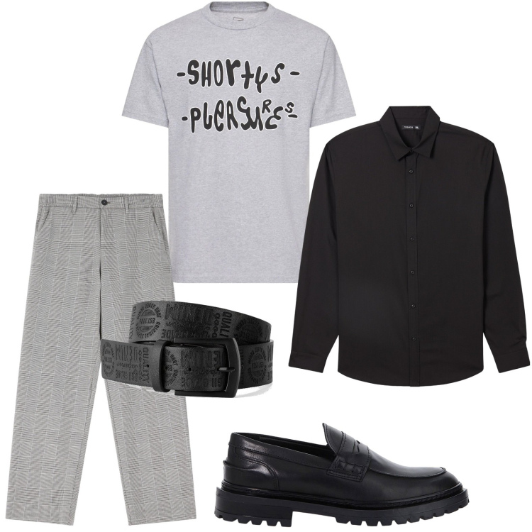 Outfit uomo - Stole minimal. Stile Urban per Serata speciale. Abbinamento con cinture, camicie, pantaloni, scarpe stringate, t-shirt.