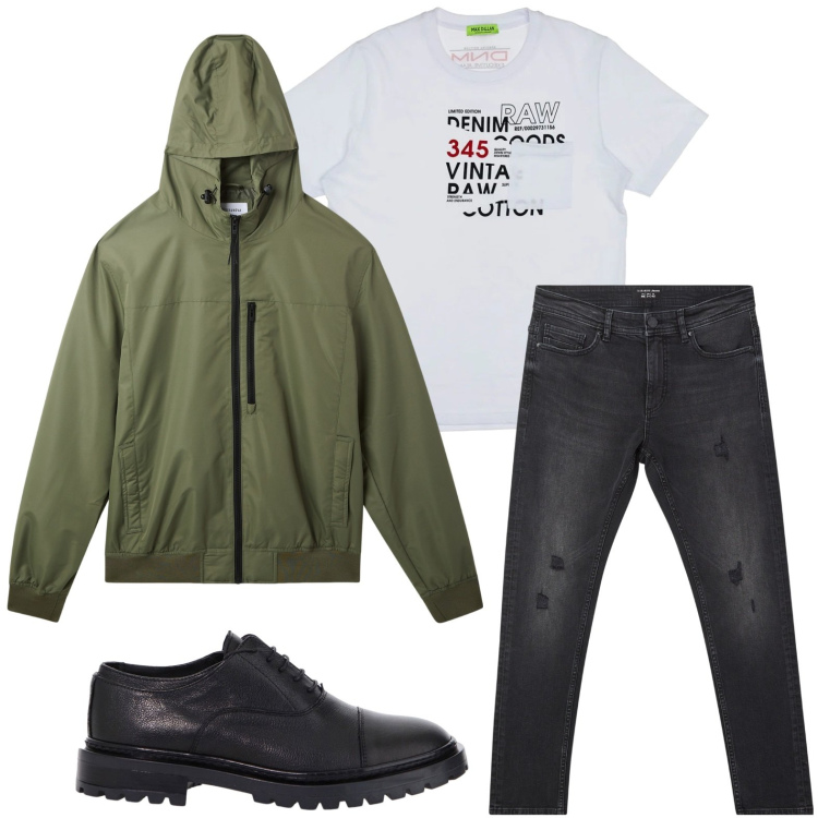 Outfit uomo - Il giubbino leggero. Stile Trendy per Tutti i giorni. Abbinamento con giacche, jeans strappati, scarpe stringate, t-shirt.