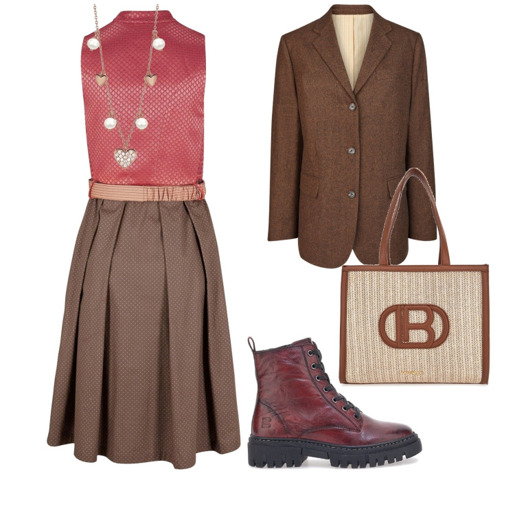 Outfit donna - Buona domenica. per Tutti i giorni. Abbinamento con vestiti midi/longuette, collane, anfibi, borse a spalla, blazer.