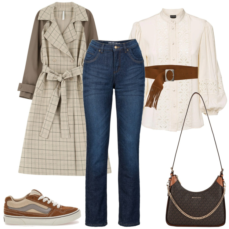 Outfit donna - Boho. Stile Boho per Tutti i giorni. Abbinamento con camicie, jeans dritti, borse a tracolla, trench, cinture, sneakers.