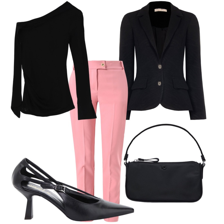 Outfit donna - Nero e rosa per la sera. Stile Casual chic per Serata fuori. Abbinamento con pantaloni, blazer, maglieria, décolleté, pochette.