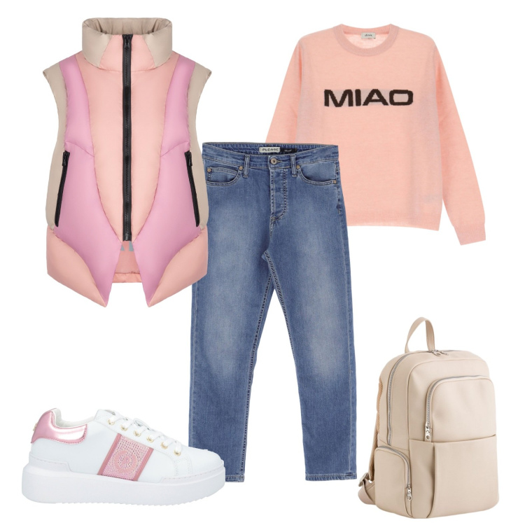 Outfit donna - Giornata ventosa. Stile Urban per Tutti i giorni. Abbinamento con sneakers, jeans, maglieria, piumini, zaini.