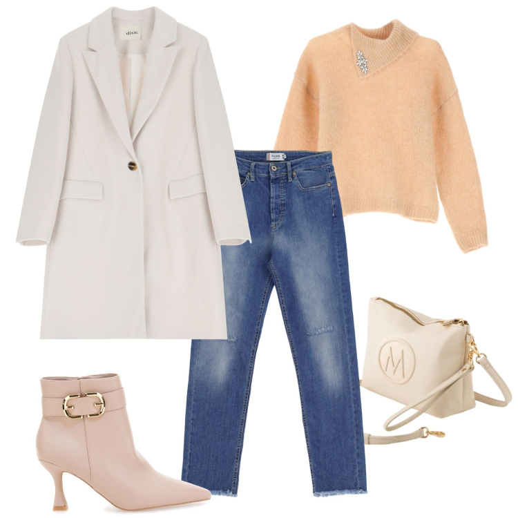 Outfit donna - Ultimi freddo. Stile Casual chic per Tutti i giorni. Abbinamento con jeans dritti, maglieria, cappotti, stivaletti, valigie.