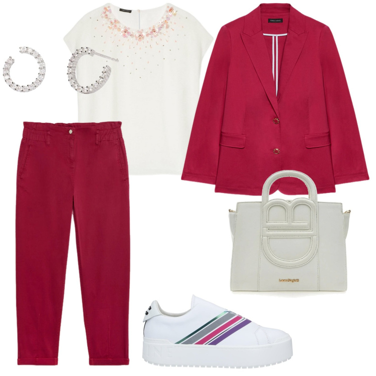 Outfit donna - Un bel completo. per Tutti i giorni. Abbinamento con sneakers, orecchini, blazer, bluse, pantaloni, borse a tracolla.