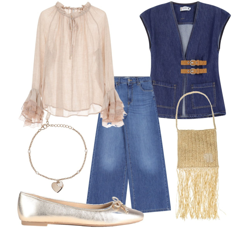 Outfit donna - La camicetta romantica. Stile Romantica per Tutti i giorni. Abbinamento con ballerine, borse a spalla, bluse, pantaloni a palazzo, braccialetti con ciondoli, gilet.