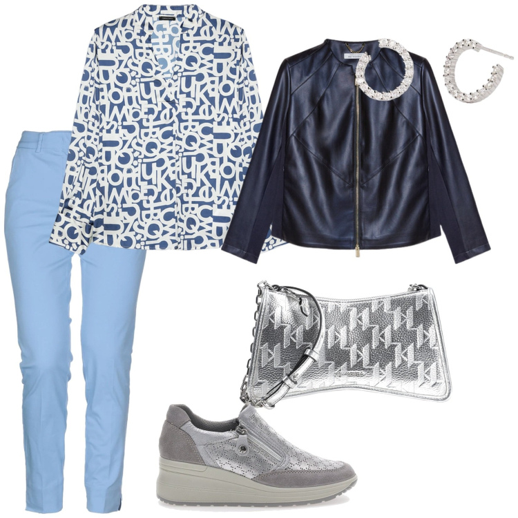 Outfit donna - Argento anche di giorno. per Tutti i giorni. Abbinamento con pantaloni, borse a tracolla, orecchini, sneakers, bluse, blazer.