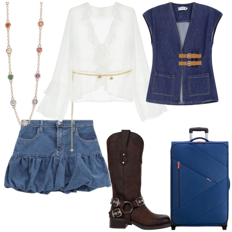 Outfit donna - Please - ispirazione Saint-Tropez. Stile 70s per Tutti i giorni. Abbinamento con collane, minigonne, bluse, gilet, stivali, valigie.