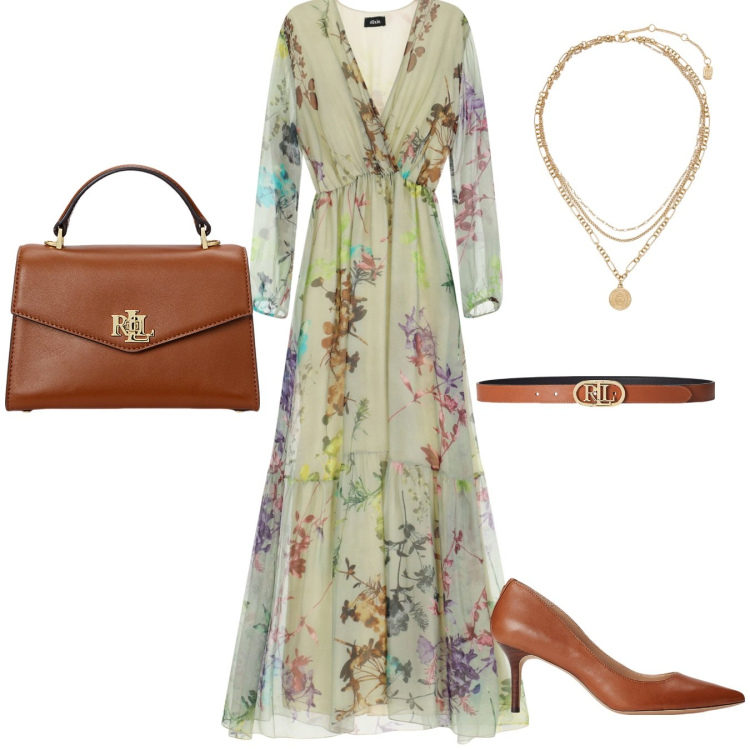 Outfit donna - Vestito stampa floreale. Stile Romantica per Cerimonia. Abbinamento con vestiti lunghi, cinture, ciondoli, décolleté, borse a mano.