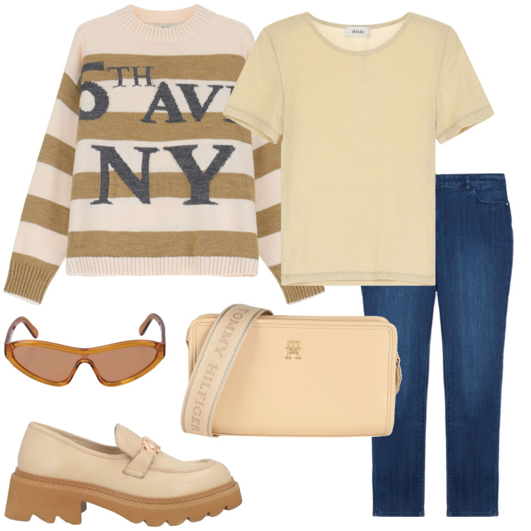 Outfit donna - Giallo burro e jeans. Stile Casual per Tutti i giorni. Abbinamento con mocassini, borse a tracolla, maglieria, t-shirt, jeans skinny, occhiali da sole.