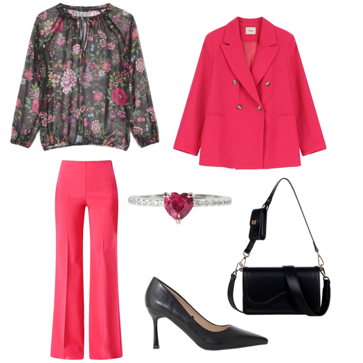Outfit donna - Sweet flower. Stile Chic per Cerimonia. Abbinamento con anelli, pantaloni a palazzo, pochette, décolleté, blazer, bluse.