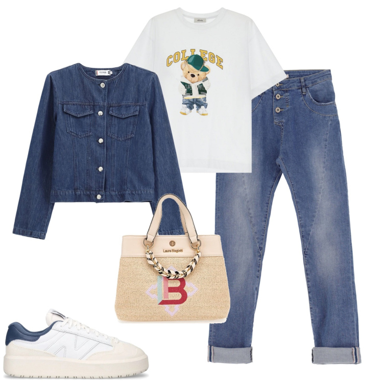Outfit donna - City. Stile Casual chic per Tutti i giorni. Abbinamento con jeans slim fit, blazer, t-shirt, sneakers, borse a mano.