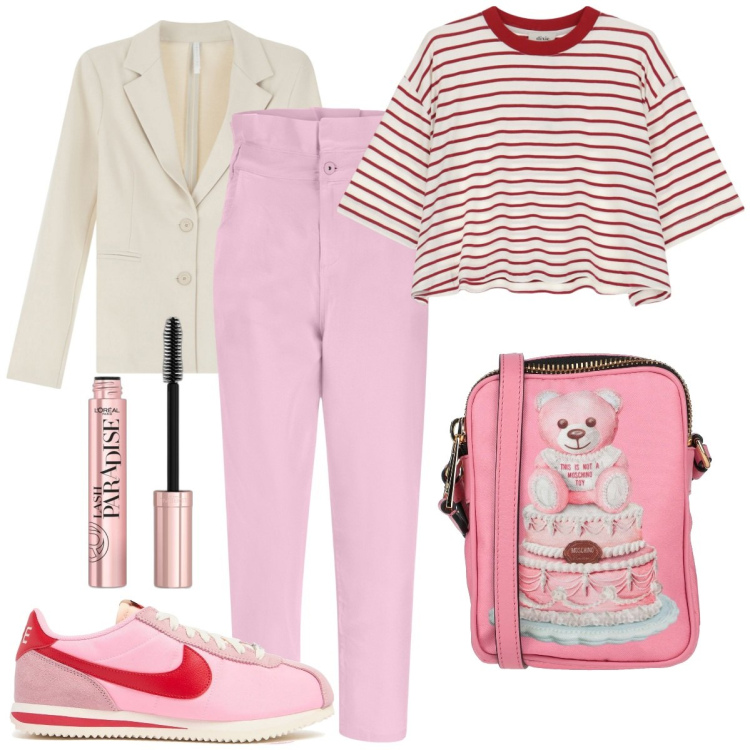 Outfit donna - Colori pastello. Stile Casual chic per Tutti i giorni. Abbinamento con borse a tracolla, mascara, blazer, jeans, t-shirt, sneakers.