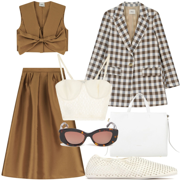 Outfit donna - Verso il caldo. Stile Trendy per Tutti i giorni. Abbinamento con borse a mano, blazer, top, gonne, ballerine, occhiali da sole.