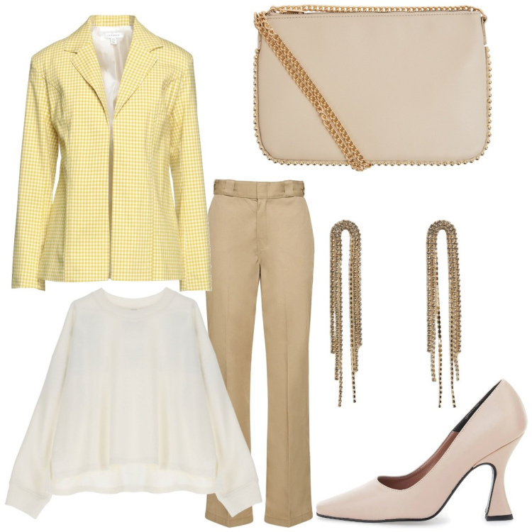 Outfit donna - In carriera. Stile Chic per Ufficio. Abbinamento con blazer, orecchini, borse a tracolla, felpe, pantaloni, décolleté.