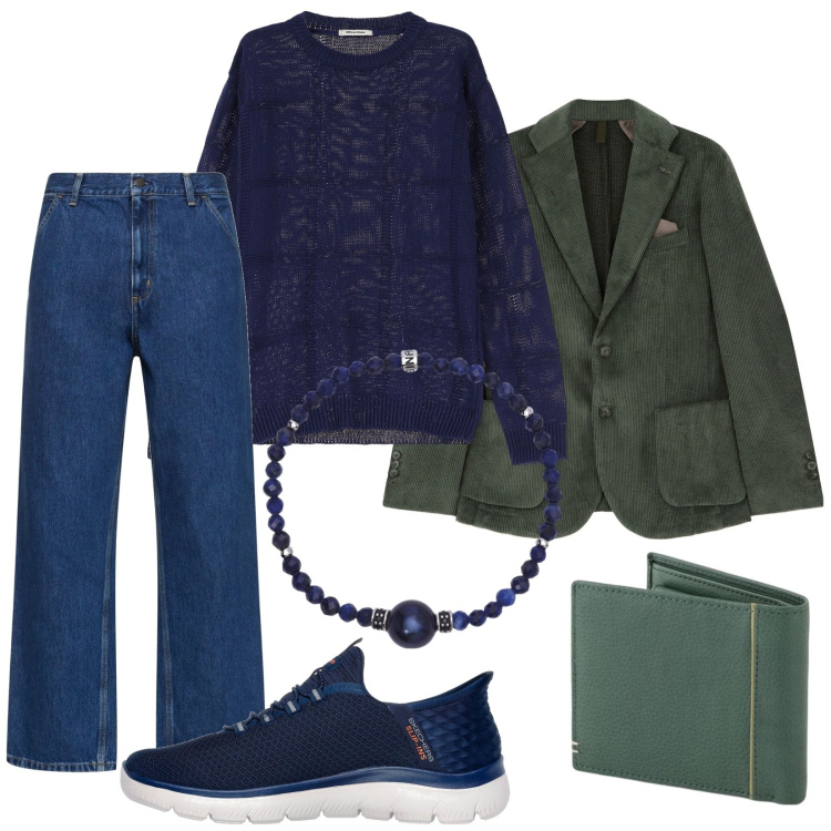 Outfit uomo - Aperitivo. Stile Trendy per Tutti i giorni. Abbinamento con braccialetti, pullovers, giacche, sneakers, jeans, portafogli.