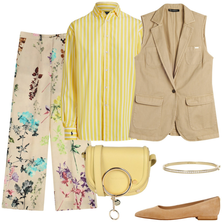 Outfit donna - I pantaloni a fiori col gilet. Stile Casual chic per Ufficio. Abbinamento con borse a tracolla, braccialetti, gilet, pantaloni a palazzo, camicie, ballerine.