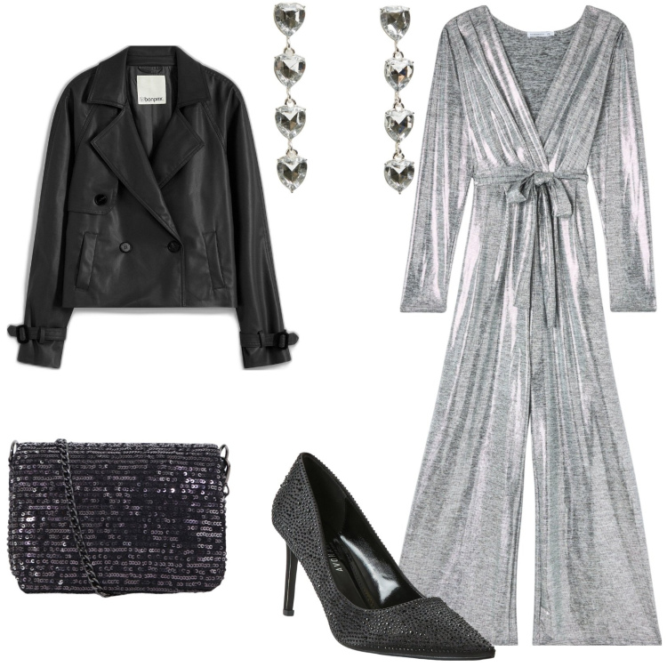 Outfit donna - Budget € 104: outfit per la serata glam. Stile Glamour per Serata fuori. Abbinamento con parka, décolleté, orecchini, tute, borse a tracolla.