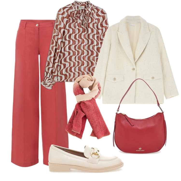 Outfit donna - Mezza stagione per l’ufficio. Stile Glamour per Ufficio. Abbinamento con pantaloni a palazzo, tuniche, blazer, mocassini, borse a tracolla, sciarpe.