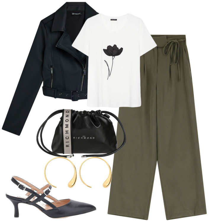 Outfit donna - City. Stile Urban per Tutti i giorni. Abbinamento con borse a tracolla, giacche, pantaloni, décolleté, t-shirt, orecchini.