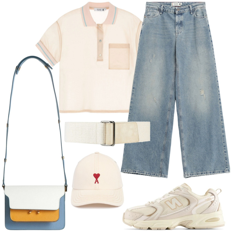 Outfit donna - Sporty chic. Stile Sporty chic per Tutti i giorni. Abbinamento con cinture, borse a spalla, sneakers, jeans, polo, cappelli.