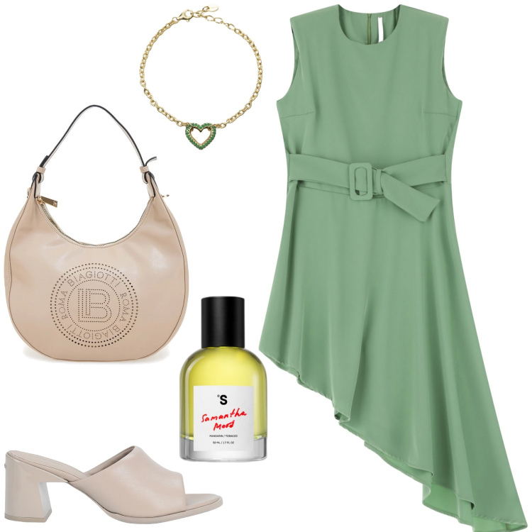 Outfit donna - Asimmetrico con gusto. Stile Chic per Serata fuori. Abbinamento con sandali in pelle, profumi, braccialetti, vestiti corti, borse a spalla.