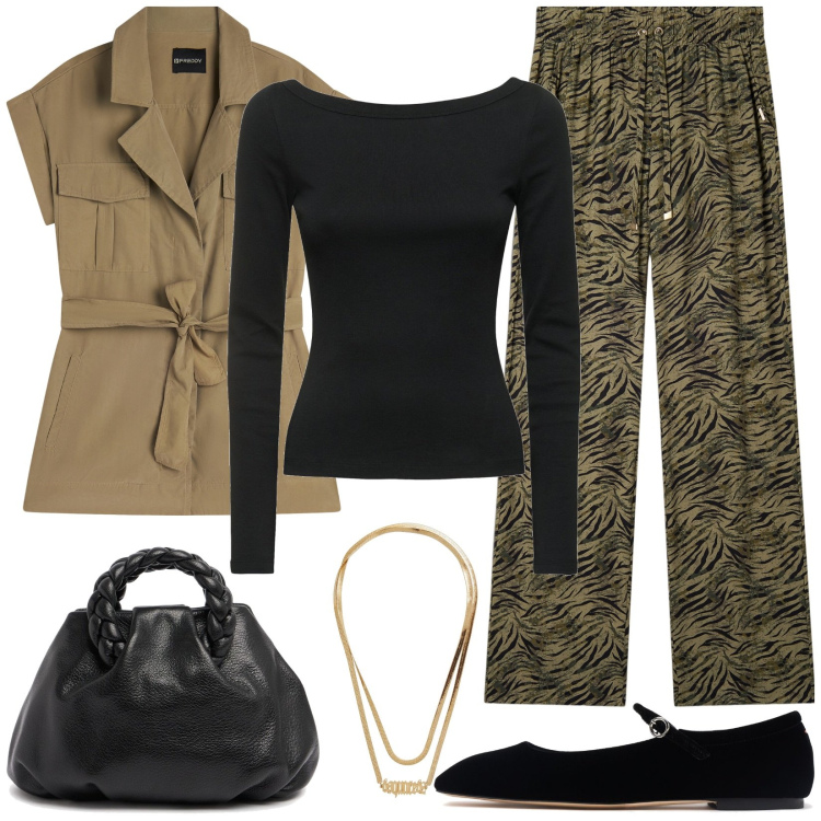 Outfit donna - Sporty chic. Stile Sporty chic per Tutti i giorni. Abbinamento con collane, pantaloni, trench, t-shirt, borse a mano, ballerine.